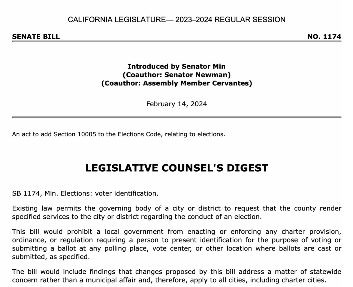 BREAKING: California Governor Gavin Newsom just signed a bill barring local governments in the state from establishing local laws requiring residents to present identification to vote.

Now ask yourself why anyone would want such a law…