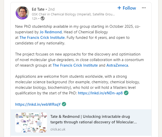 New PhD studentship available in Ed Tate group starting in October 2025, co-supervised by Jo Redmond, Head of Chemical Biology at The Francis Crick Institute. Fully funded for 4 years, and open to candidates of any nationality.
  PhD: crick.ac.uk/careers-study/…