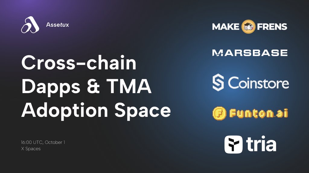 iamaihub's tweet photo. 🌟 Join us for an exciting X Space panel discussion on the future of Web3 on Telegram's TON & TMA ecosystem! 🚀 Featuring insights from @assetux, @funton_ai, @MARSBASEio, @useTria, @MakeFrensxyz, @CoinstoreExc.

📅 Save the date: 12:00 PM UTC, October 1
👉 Place: https://t.co/FhYXQgWeBS

#Web3 #DeFi #Telegram #Assetux