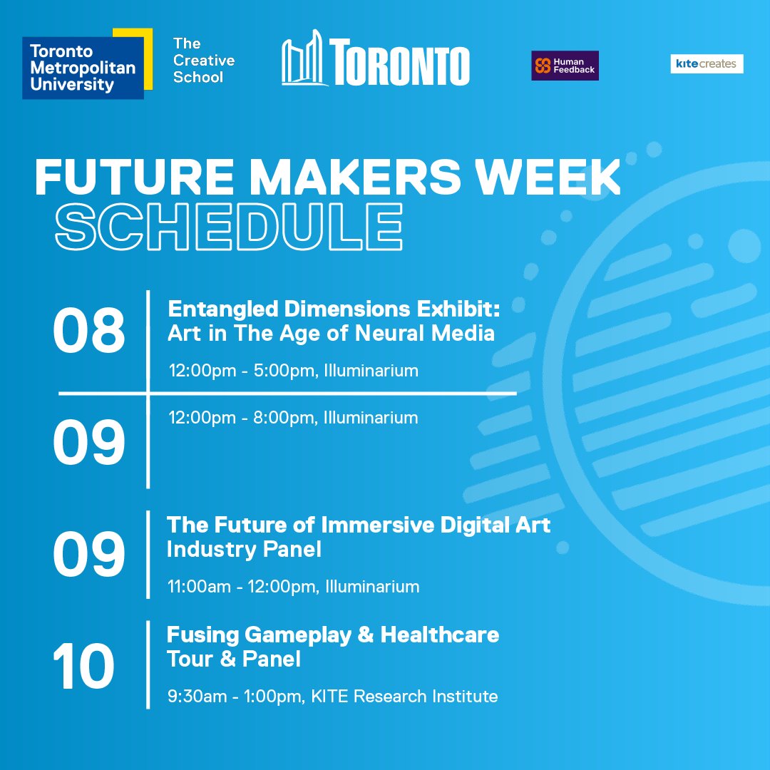 thecreativeschl's tweet photo. Introducing Future Makers Week! Co-created by @TheCreativeSchl and @cityoftoronto's Creative Technology Office, join us this October for FREE exhibits, panels, and workshops on digital art, healthcare innovation, and immersive experiences. 

Register now: https://t.co/Rfs1qcnCxA https://t.co/rVkhcJkFXN