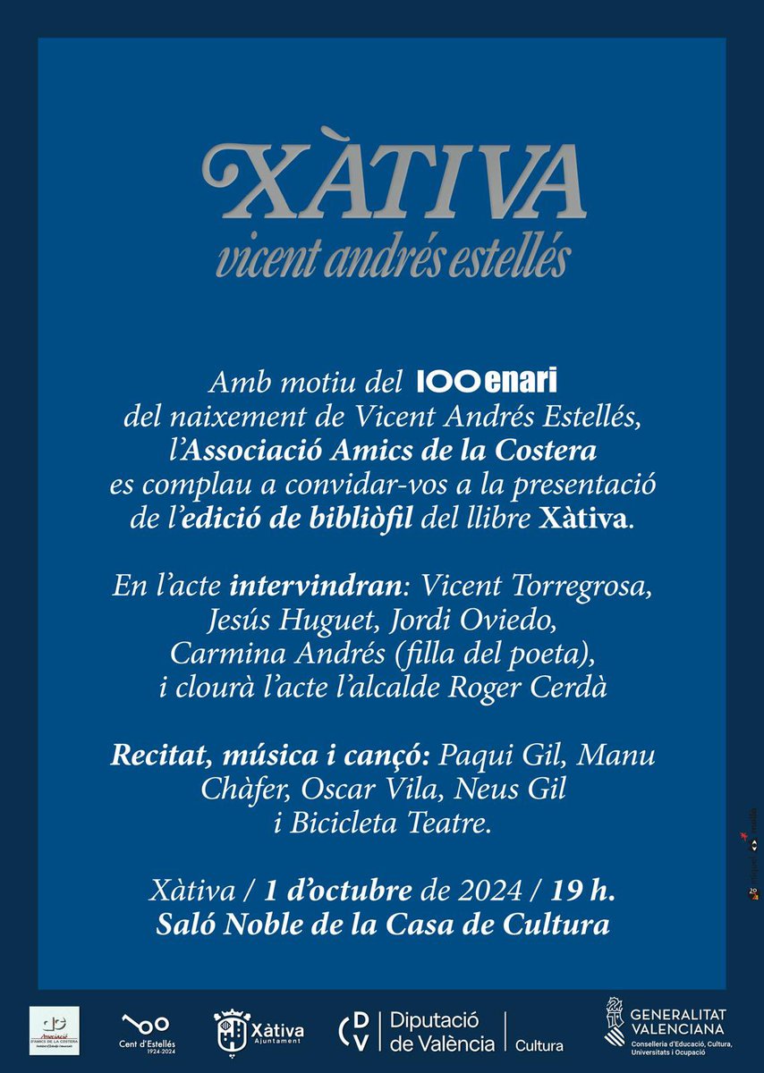 📖Presentació de l’edició de bibliòfil del llibre “Xàtiva” de Vicent Andrés Estellés

🗓️Dimarts 1 d’octubre
🕖19.00 h
📍Casa de la Cultura de Xàtiva

👉Organitza: <a href="/AmicsCostera/">Amics de la Costera</a>-Institut d’Estudis Comarcals

✍️1️⃣0️⃣0️⃣En el marc de l’#AnyEstellés #CentDEstellés