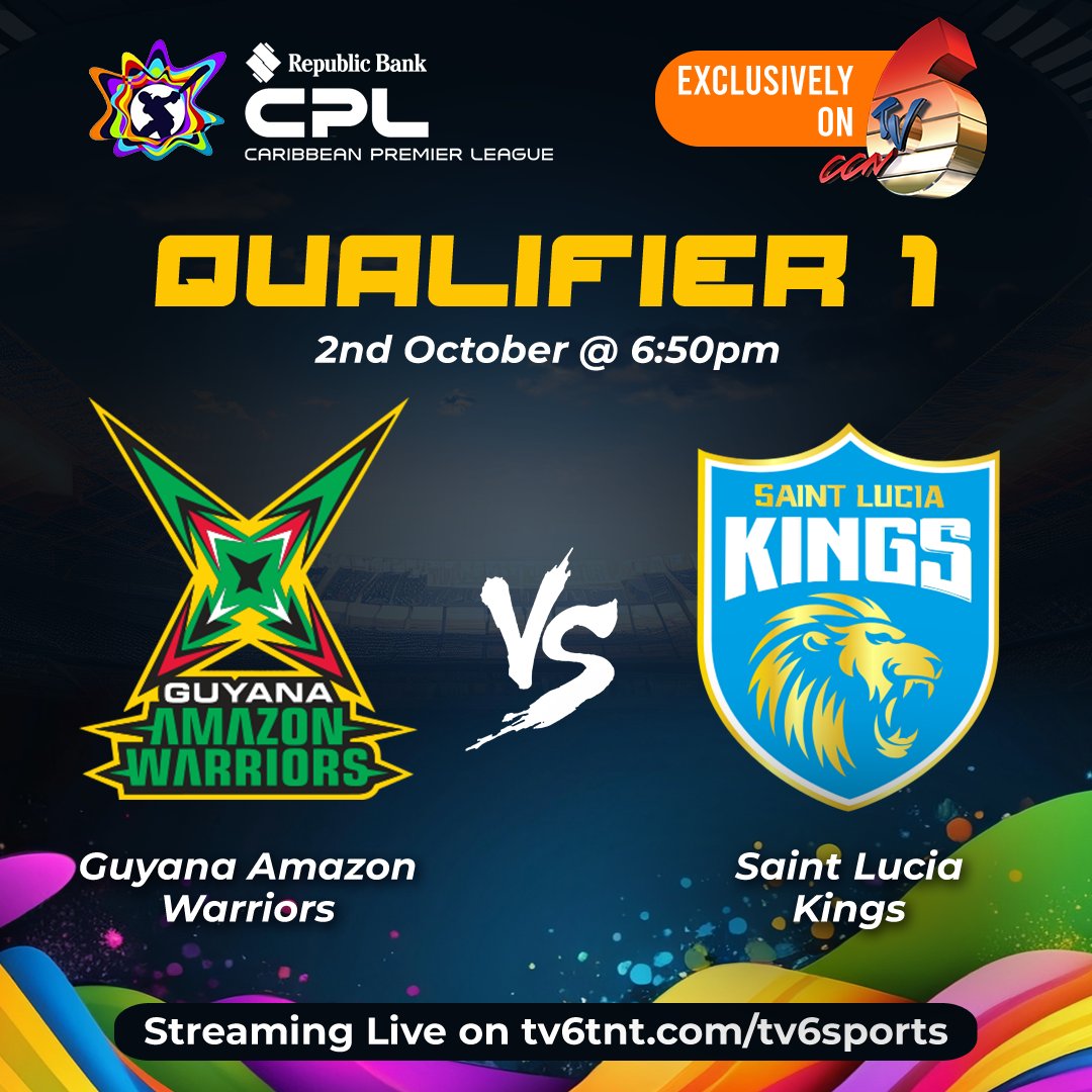 tv6tnt's tweet photo. It's a @amazonwarriors 🇬🇾 vs @SaintLuciaKings 🇱🇨 Battle #TONIGHT! 🔥🔥🔥
#Match32 Qualifier 1: Guyana Amazon Warriors 🇬🇾 vs St. Lucia Kings 🇱🇨 at 7:00pm
👉Watch D' CPL ON TV6 🏏 via the CCN TV6 app📲 , on https://t.co/q72x6F6G3W 💻or on channels 6 and 18 📺@CPL https://t.co/XCkF4UaUI8