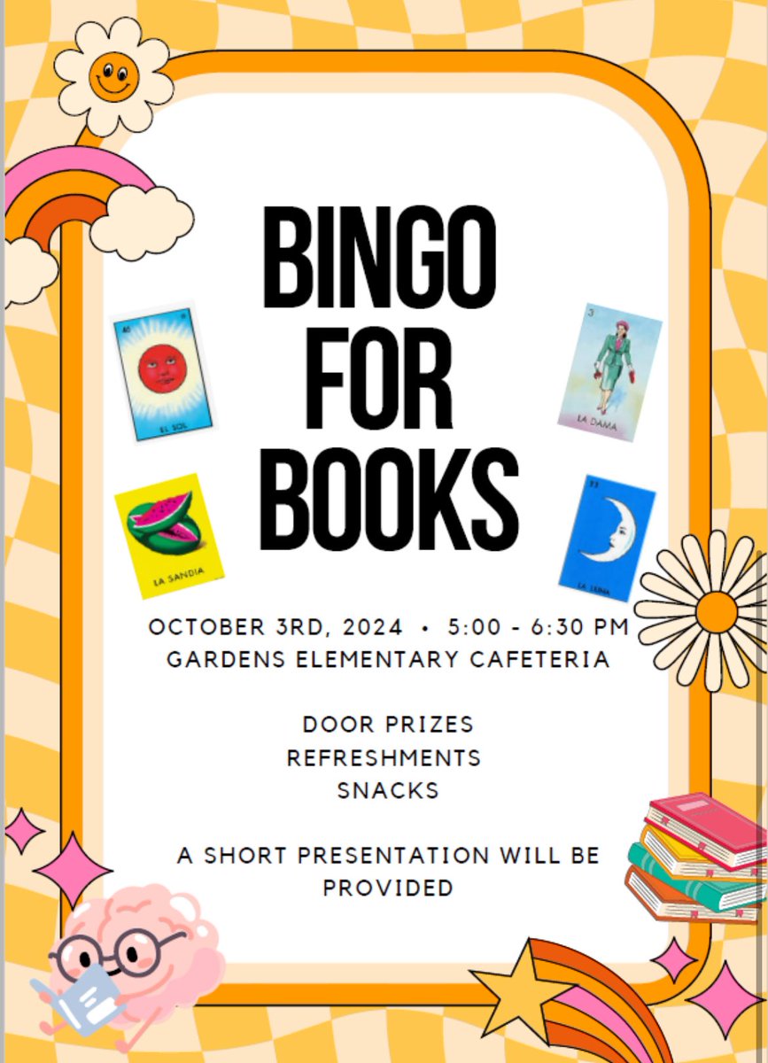 GardensElem's tweet photo. Join us this Thursday night from 5:00-6:30 for Bingo for Books! We are so excited to play Loteria with our school family and for students to be able to walk away with FREE books! Looking forward to seeing our Gator families! 🐊📚 https://t.co/8zS66NabkY