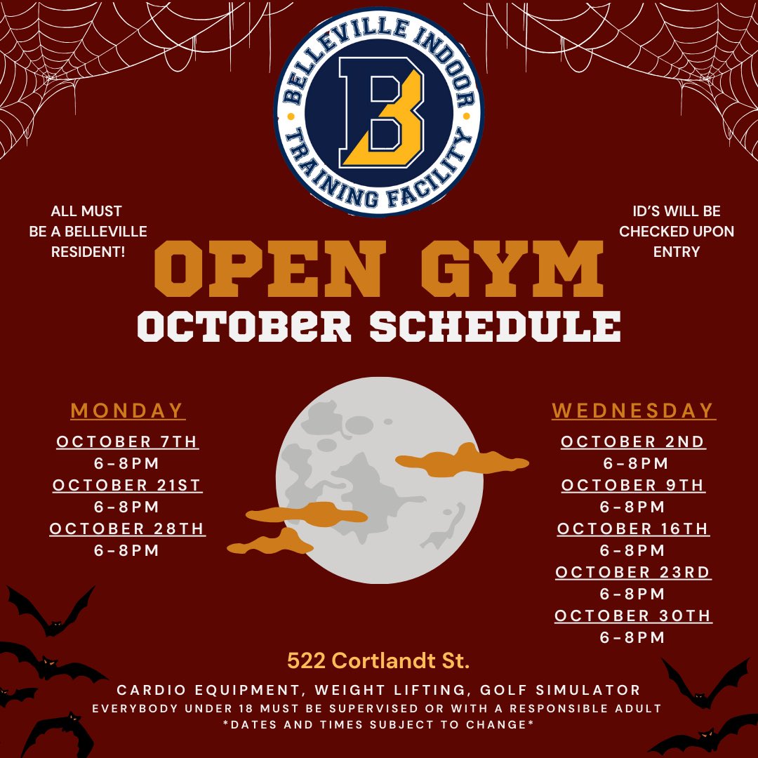 October Open Gym Schedule!
Free for Belleville Residents 
Details in flyer 🏃‍♂️🏃‍♀️