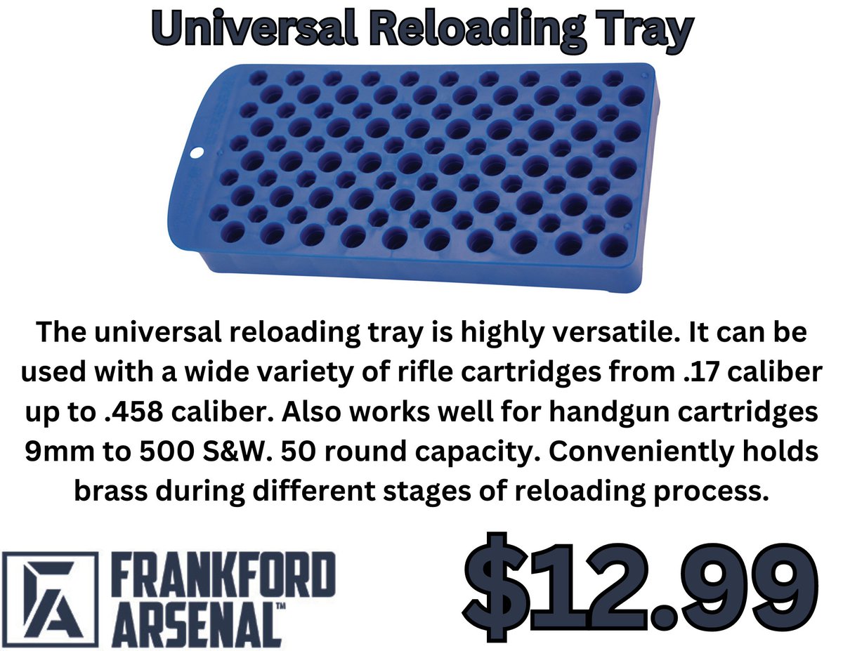 LivingstonGuns's tweet image. Keep your brass organized with the Frankford Arsenal Universal Reloading Tray! Holds 50 rounds and fits rifle &amp;amp; pistol cartridges. Just $12.99 for an easy, secure reloading process. #ReloadingGear #FrankfordArsenal #TheGunShop #LivingstonTN