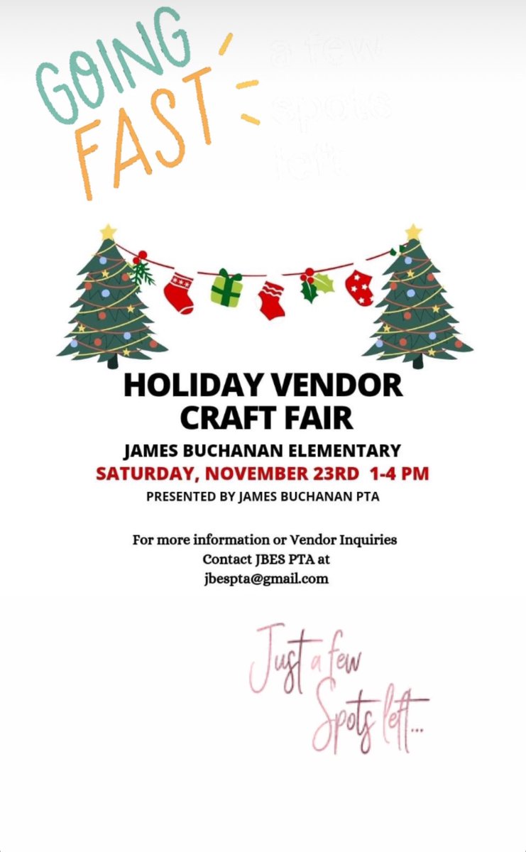 Just a few Vendor spots available for the Holiday Craft Fair at James Buchanan Elementary School!  Contact the JBES PTA if interested! <a href="/buchanan_es/">JamesBuchananES</a> <a href="/NitschmannMS/">BASDNitschmannMS</a> <a href="/BethlehemAreaSD/">BASD</a>