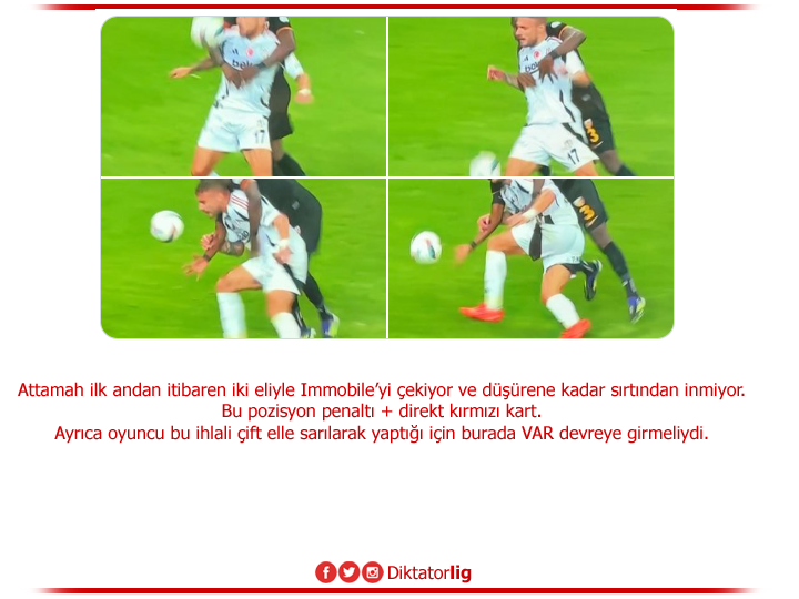 Diktatorlig's tweet photo. Attamah ilk andan itibaren iki eliyle Immobile’yi çekiyor ve düşürene kadar sırtından inmiyor. Bu pozisyon penaltı + direkt kırmızı kart. Ayrıca oyuncu bu ihlali çift elle sarılarak yaptığı için burada VAR devreye girmeliydi. https://t.co/Vrf1pb34mP