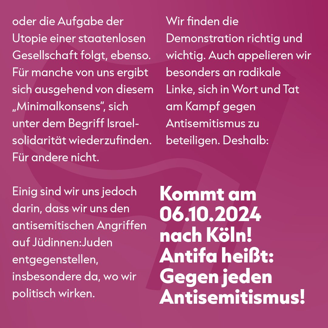 Am Vorabend des Jahrestages der Massaker vom 7.10.23 werden wir in #Köln auf die Straße gehen. Seit dem Angriff sehen wir einen Anstieg von antisemitischem Hass, Gewalt und Hetze, in Deutschland und Weltweit. Wir appellieren an radikale Linke, sich am Kampf dagegen zu beteiligen.