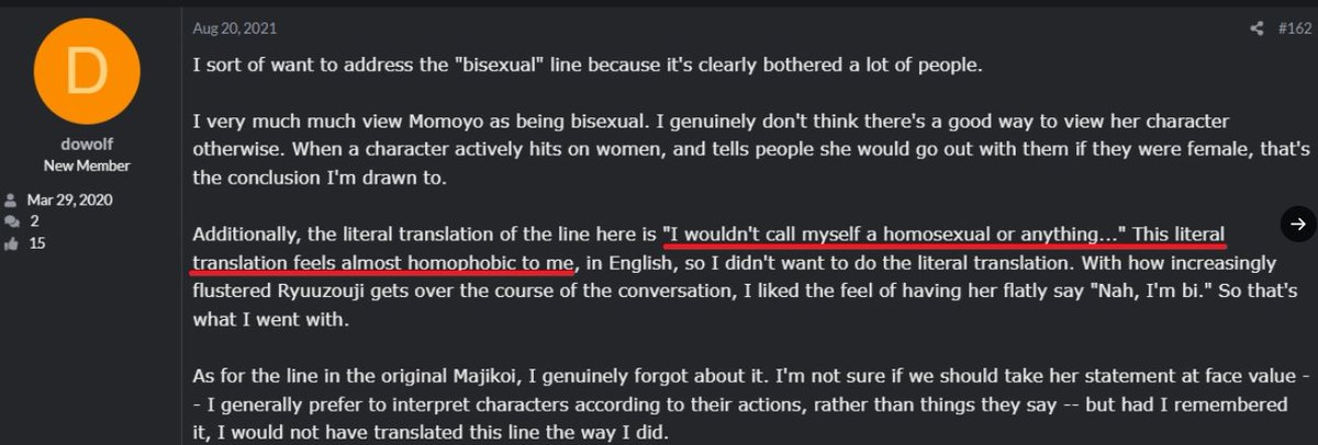 OtakuNijikon's tweet photo. @EchoesOfBloo She is not bisexual. In the eroge she actually states she is not homosexual at all. Initially this misunderstanding stems from the fan translator censoring it by making her say "Nah, I'm bi." Point being: officially Momoyo is heterosexual. Her hitting on girls is an anime trope. https://t.co/L77BWPIUpW