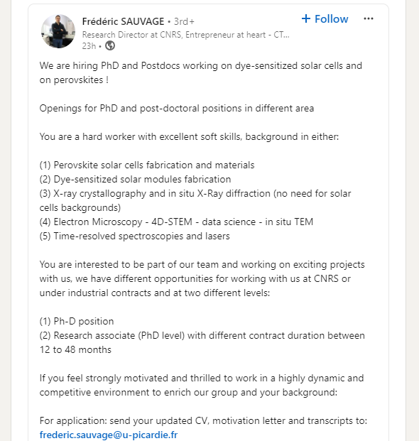 Frédéric SAUVAGE are hiring PhD and Postdocs working on dye-sensitized solar cells and on perovskites !
