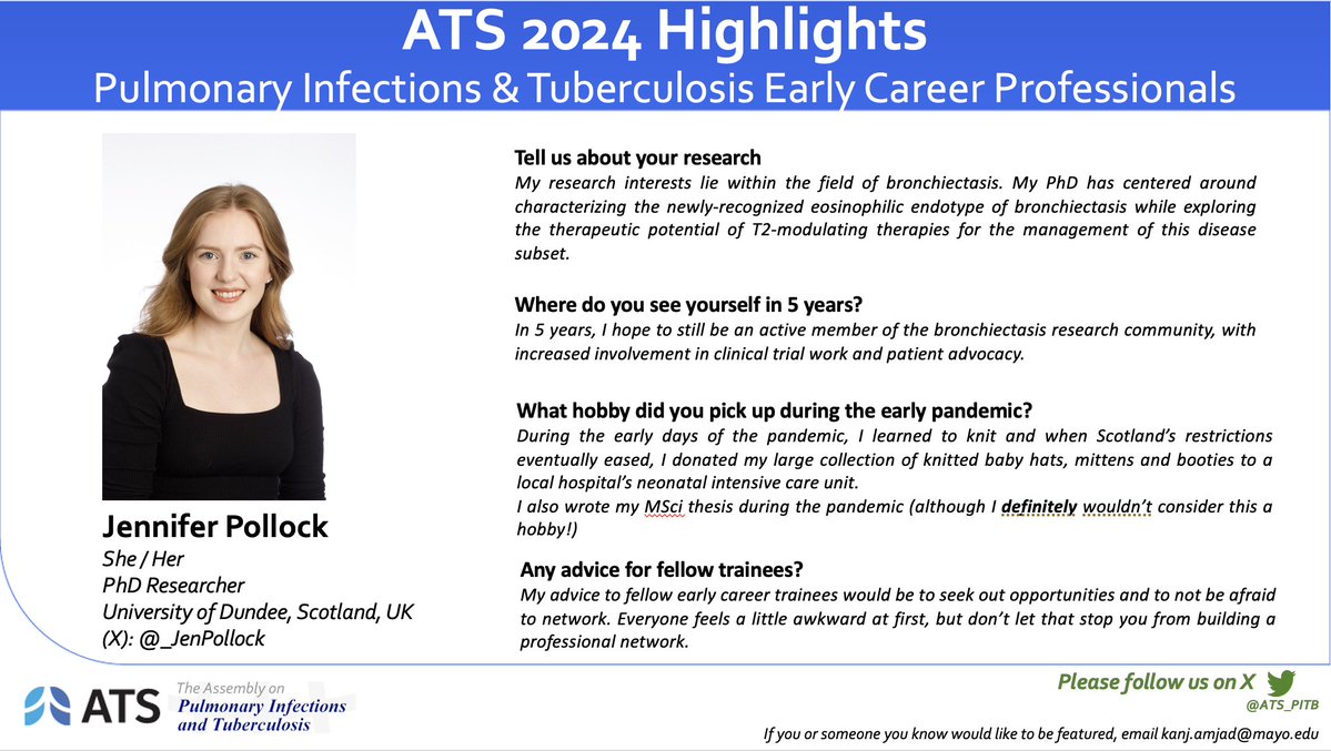 ATS PI-TB Assembly (@ats_pitb) on Twitter photo Meet our newest <a href="/ATS_PITB/">ATS PI-TB Assembly</a> #EarlyCareer 🌟Highlight🌟, Dr. Jennifer Pollock! She studies eosinophilic #bronchiectasis endotype 🧬, and in her free time, she likes to 🧶 knit baby hats! Her advice to trainees? Don't be afraid to network, even if it feels a little awkward at first! Meet our newest <a href="/ATS_PITB/">ATS PI-TB Assembly</a> #EarlyCareer 🌟Highlight🌟, Dr. Jennifer Pollock! She studies eosinophilic #bronchiectasis endotype 🧬, and in her free time, she likes to 🧶 knit baby hats! Her advice to trainees? Don't be afraid to network, even if it feels a little awkward at first!