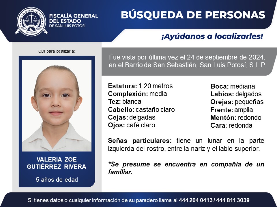 FiscaliaSLP's tweet photo. #BúsquedaDePersonasSLP | Solicitamos de tu colaboración para localizar a Valeria Zoe Gutiérrez Rivera, quien fue vista por última vez en el Barrio de San Sebastián, San Luis Potosí, S.L.P. https://t.co/8mryD95yfT