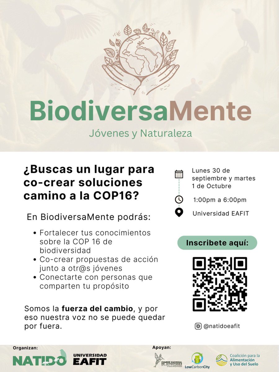 alegp1's tweet photo. En estos momentos (27-10-1) en @EAFIT, el semillero de investigación #NATIDO 🌱🍃 junto al profesor Nicolás Pinel inaugura #BiodiversaMente @ipbeses #COP16 #CBD #COP16Colombia #NaturePositive #PositivosConLaNaturaleza #BienPlus 
@IPBES https://t.co/tjQzPSKu3h
