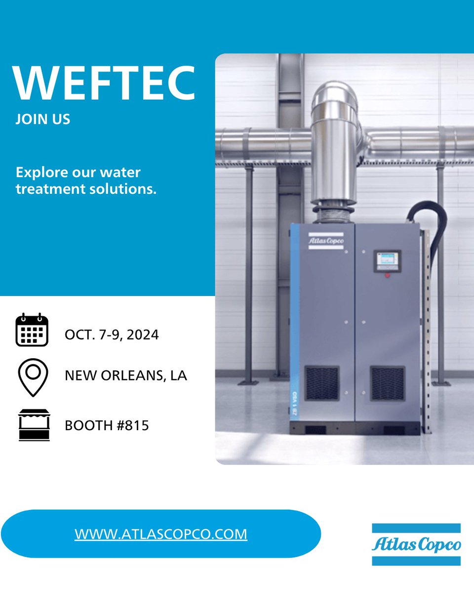 Getting ready to dive into wastewater solutions? Meet us at WEFTEC, booth # 815, October 7-9 in New Orleans, LA. Packed with insights into our oil free compressed air solutions. Don't miss it. bit.ly/35MVhLx #WEFTEC #WastewaterSolutions #ShareTheAir