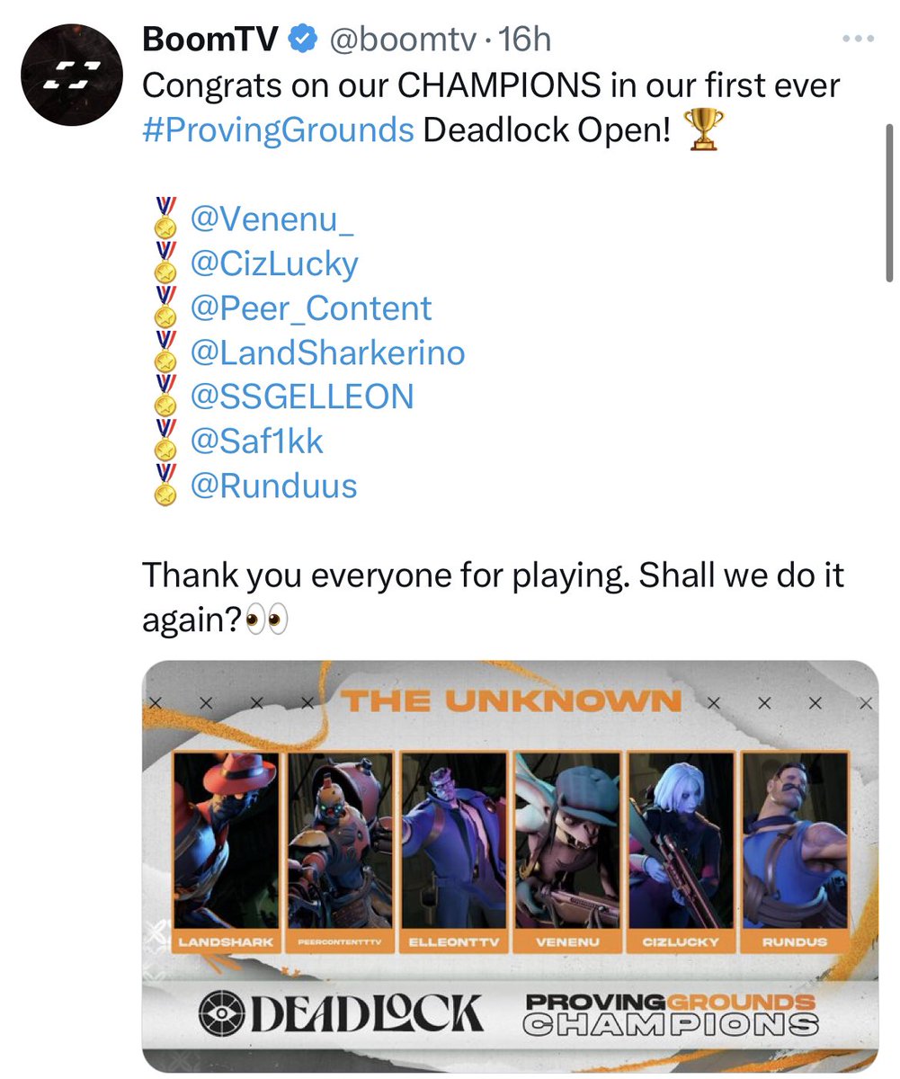 The first ever winners of the BoomTV Deadlock tournament included

2 Smite World Champions 
1 Fortnite Pro 
1 Apex Coach