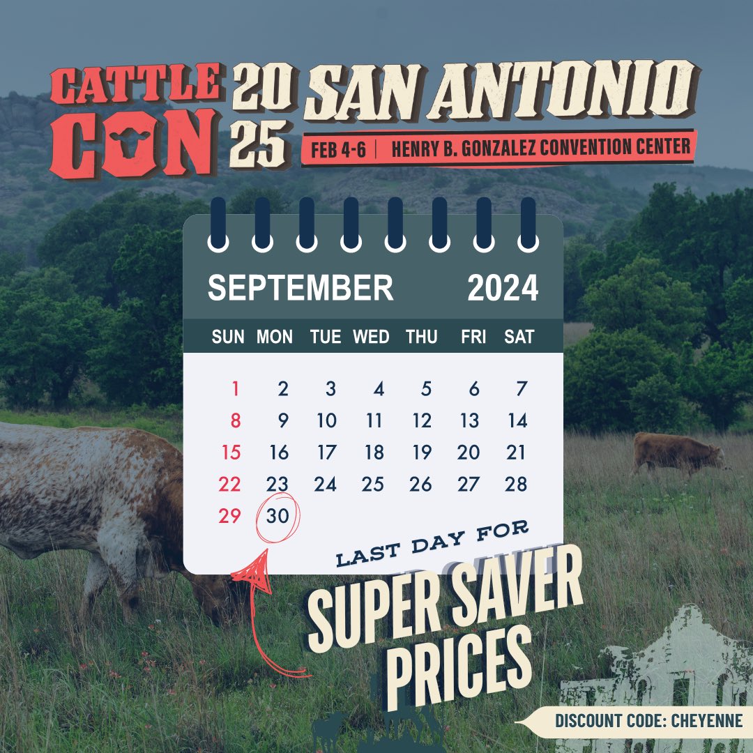TwoSparksCC's tweet photo. TODAY IS THE LAST DAY FOR SUPER SAVER PRICES! #CattleCon25 registration is the cheapest it will ever be (with additional savings using my code: CHEYENNE!) Why wait when you can save NOW! https://t.co/2CdlaxKEo1
#NCBATradeShow #ANCW #NCBA #Cattlemen #CattleWomen #Partner https://t.co/srFQomZc2A