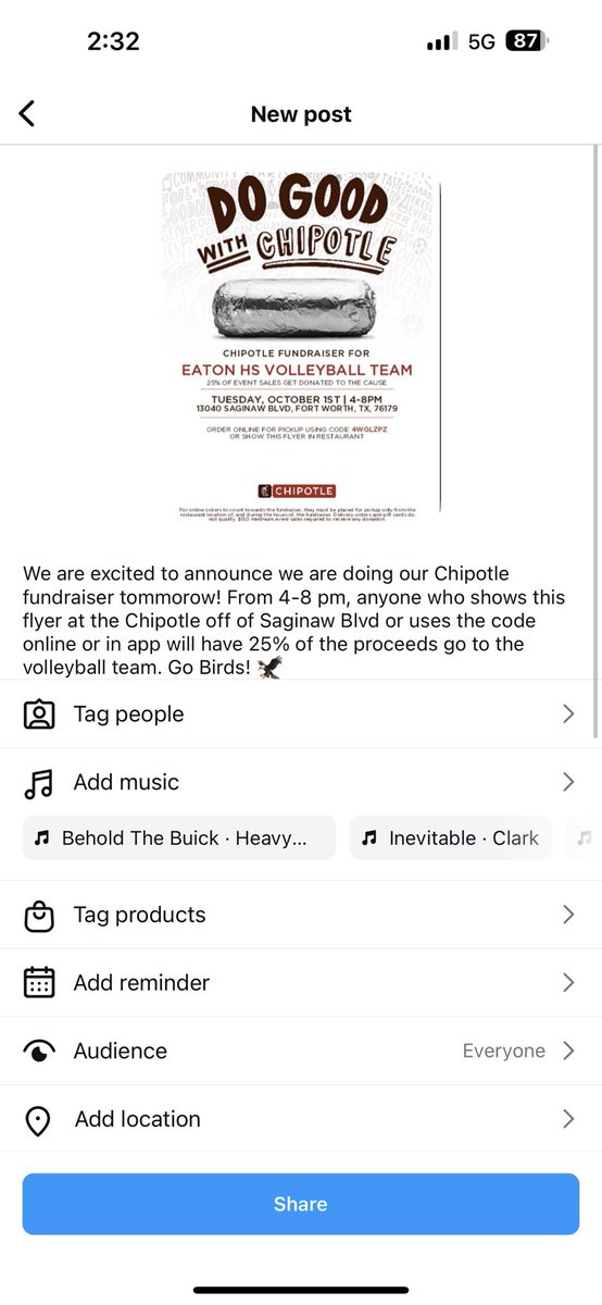 We are excited to announce we are doing our Chipotle fundraiser tommorow! From 4-8 pm, anyone who shows this flyer at the Chipotle off of Saginaw Blvd or uses the code online or in app will have 25% of the proceeds go to the volleyball team. Go Birds! 🦅