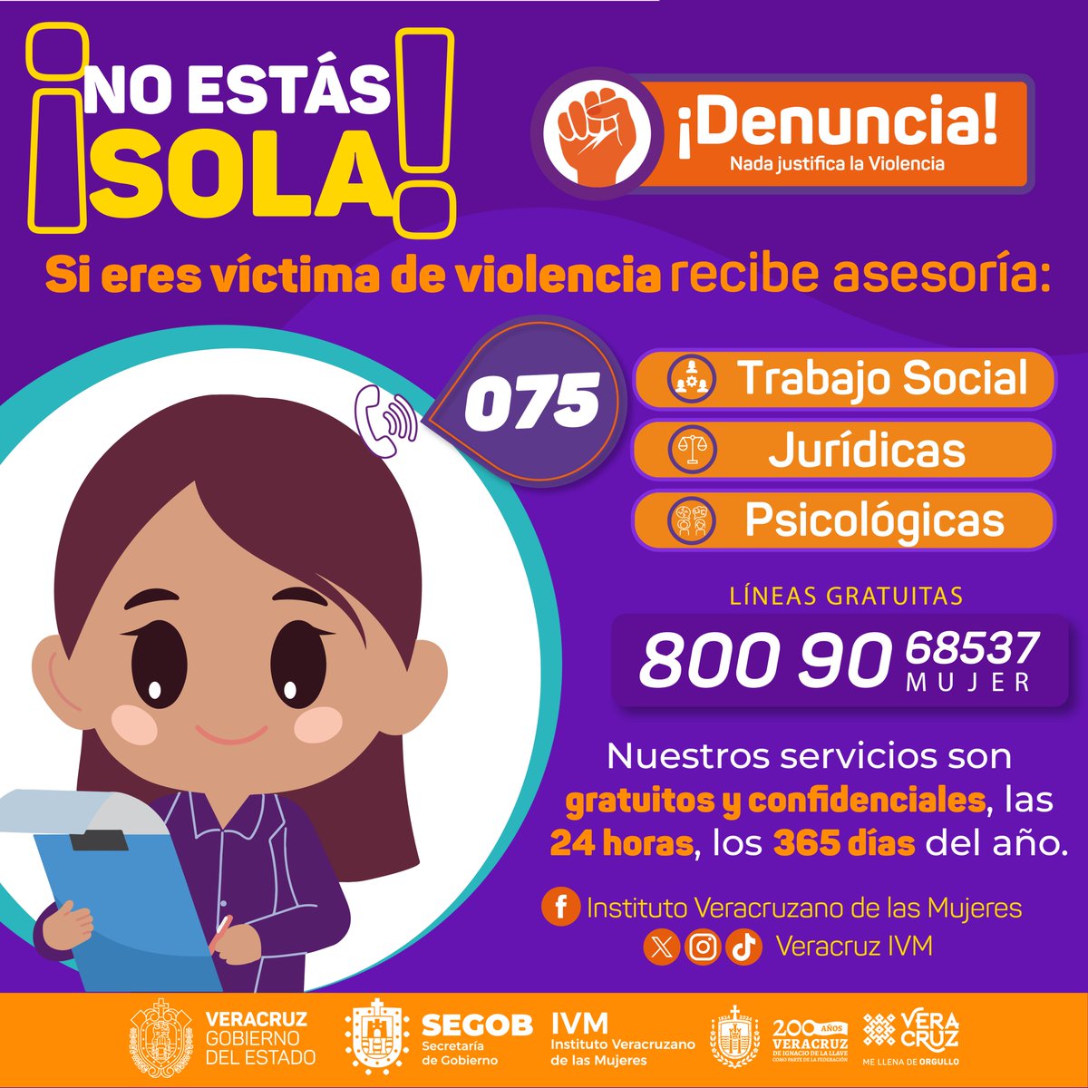 ¡Vivir libre de violencia es tu derecho!
Recuerda que en el #IVM, tenemos a un equipo de profesionistas que están para brindarte asesoría jurídica, psicológica y de trabajo social las 24 horas, los 365 días del año.
Comunícate con nosotras al 800 906 8537 o al 075.