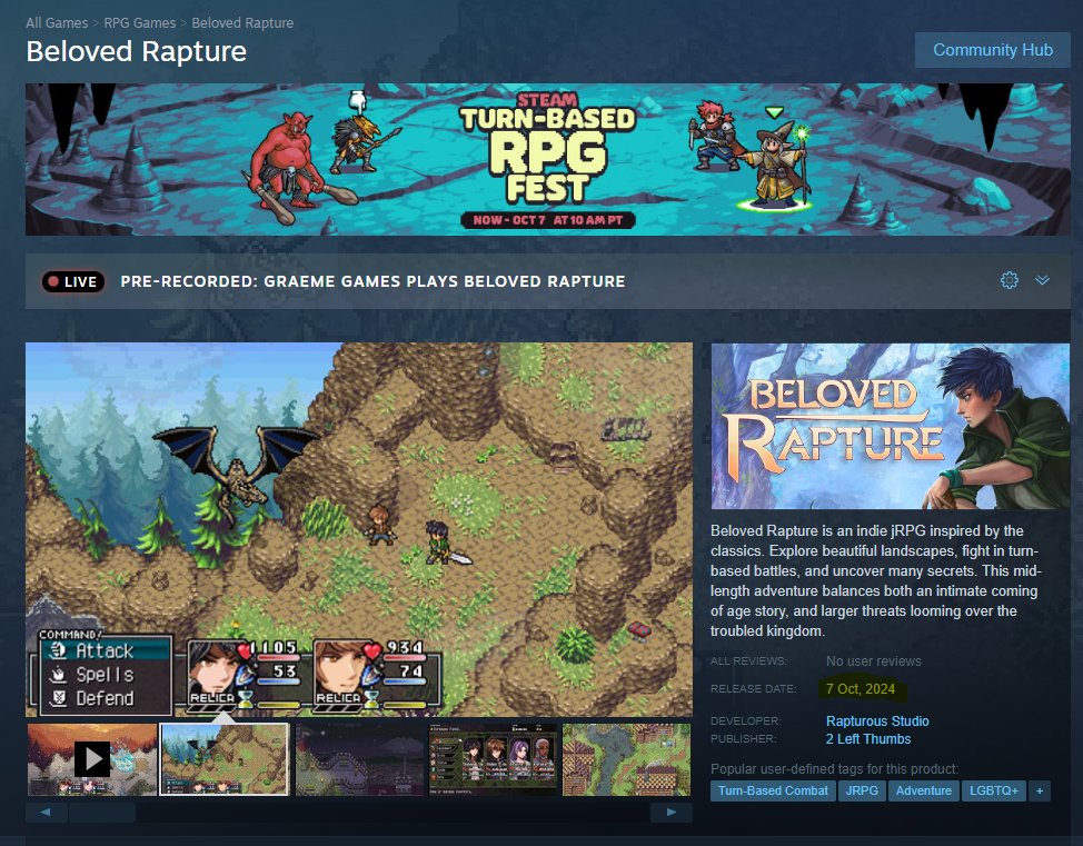 2_left_thumbs's tweet photo. Check out @BelovedRapture's complete First Chapter as a Free Demo ahead of our launch in ๐๏ธ 1 WEEK โญ๏ธ during Steam's Turn-Based RPG Fest!
#RPG #JRPG #TurnBased #TurnBasedFest #RetroGaming #PixelArt https://t.co/YG7EyBy1kf