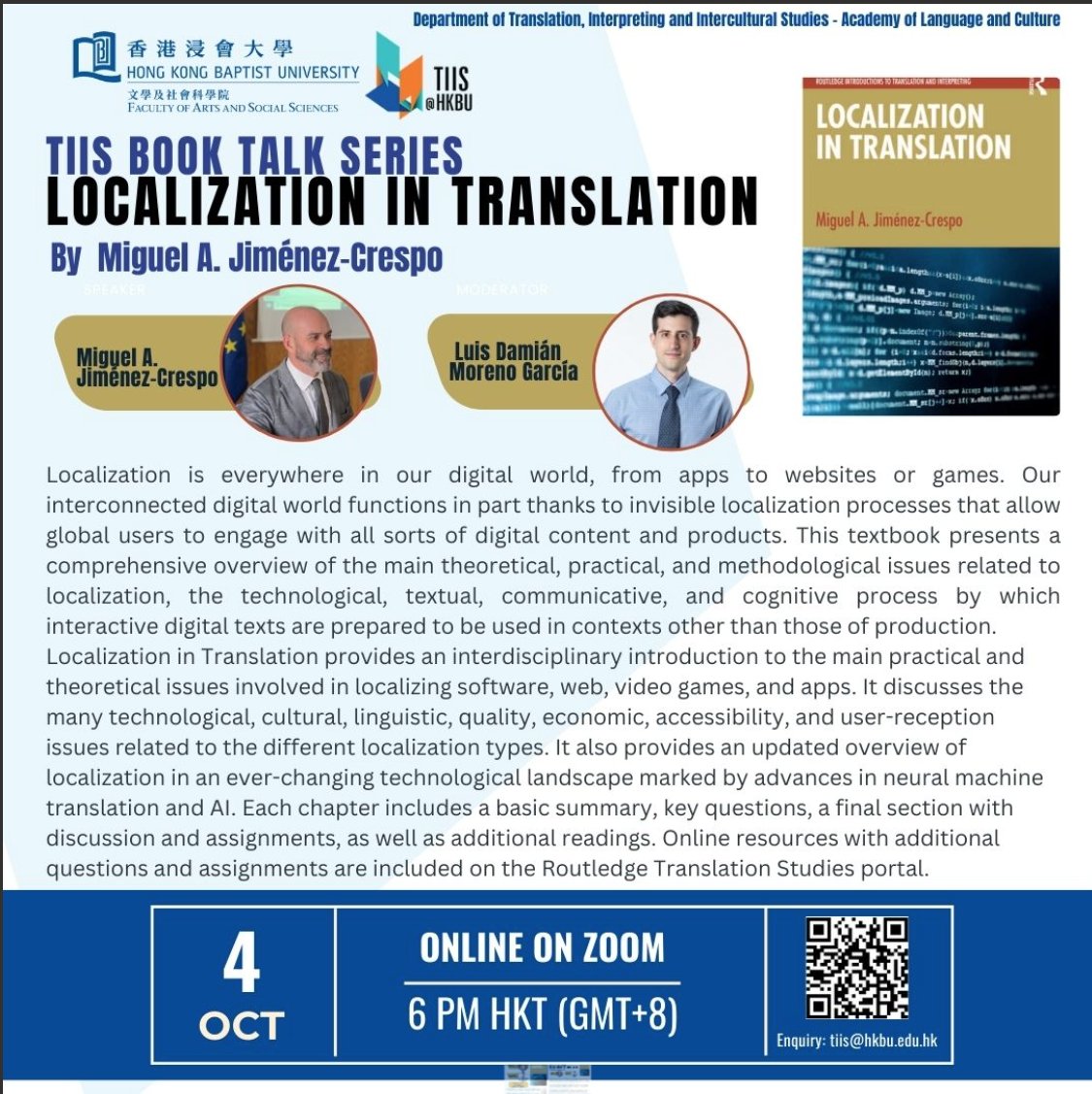 Friday at 6pm Hong Kong time  (6am NYC, EST time, 12pm Central Europe time) I will be discussing my new book in the Hong Kong Baptist University TISS book talk series. Please share with anyone interested or students working on localization.
