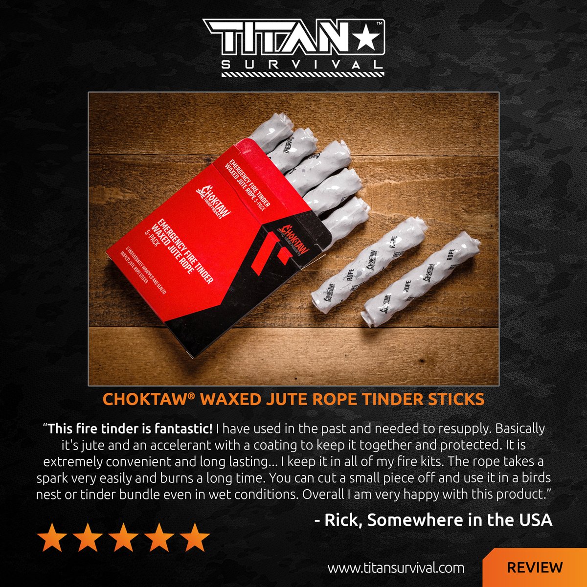 titansurvival's tweet image. We’re Honored By The Trust Our Customers Place In Us - And This Review Speaks For Itself. If You’ve Been Waiting To Upgrade Your Fire Kit, Why Not See For Yourself How Our CHOKTAW Waxed Jute Rope Can Make A Difference?

SHOP FIRE TINDER: titansurvival.com/collections/co…

#fire #firekit