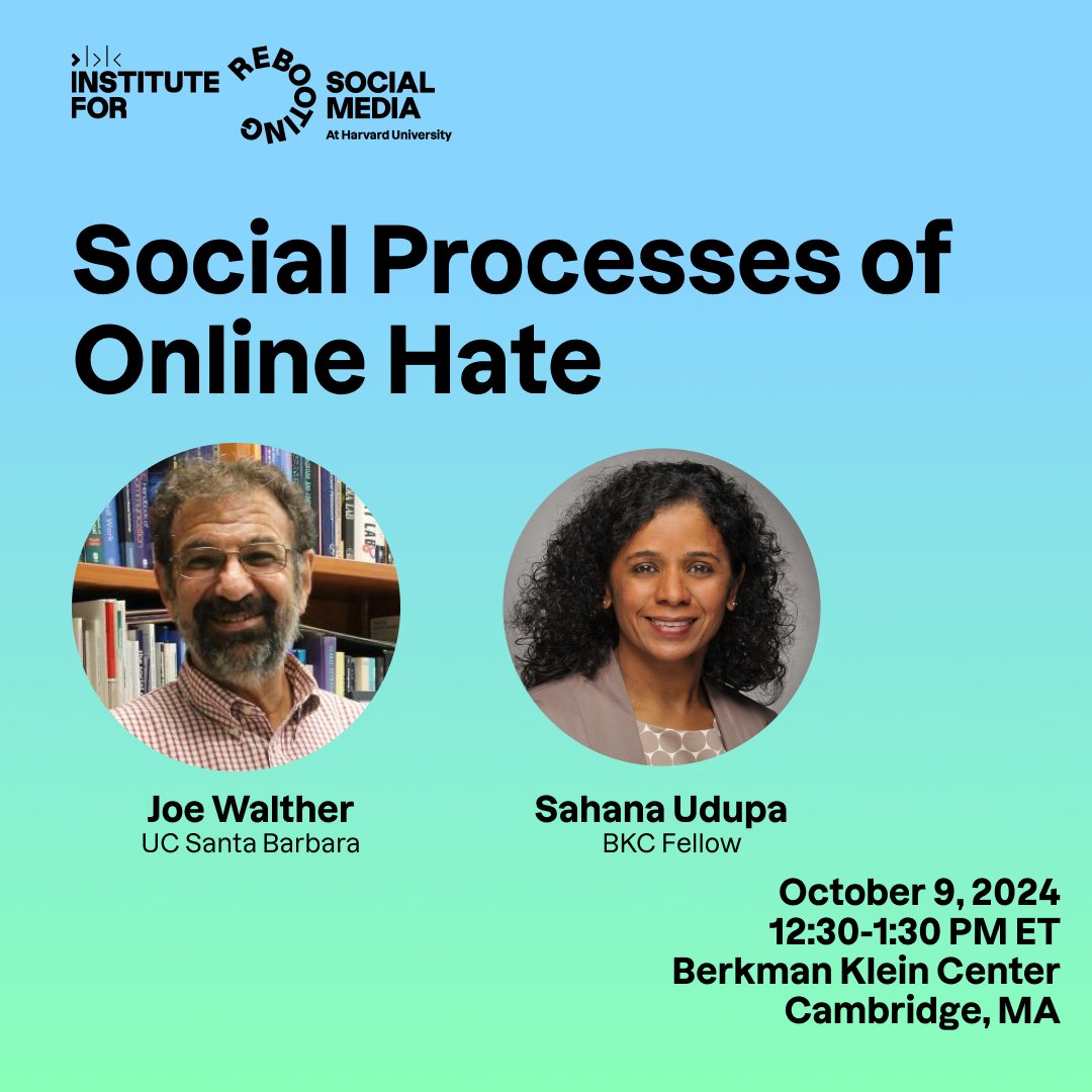 Applied Social Media Lab (@thelabbkc) on Twitter photo NEXT WEEK: RSM’s Speaker Series continues on 10/9 with alum <a href="/joewalther/">Joe Walther</a> + current <a href="/BKCHarvard/">Berkman Klein Center for Internet & Society</a> Fellow <a href="/4digitaldignity/">Sahana Udupa</a> as they discuss the new edited volume, Social Processes of Online Hate.
Learn more + RSVP: rebootingsocialmedia.org/events/social-… NEXT WEEK: RSM’s Speaker Series continues on 10/9 with alum <a href="/joewalther/">Joe Walther</a> + current <a href="/BKCHarvard/">Berkman Klein Center for Internet & Society</a> Fellow <a href="/4digitaldignity/">Sahana Udupa</a> as they discuss the new edited volume, Social Processes of Online Hate.
Learn more + RSVP: rebootingsocialmedia.org/events/social-…