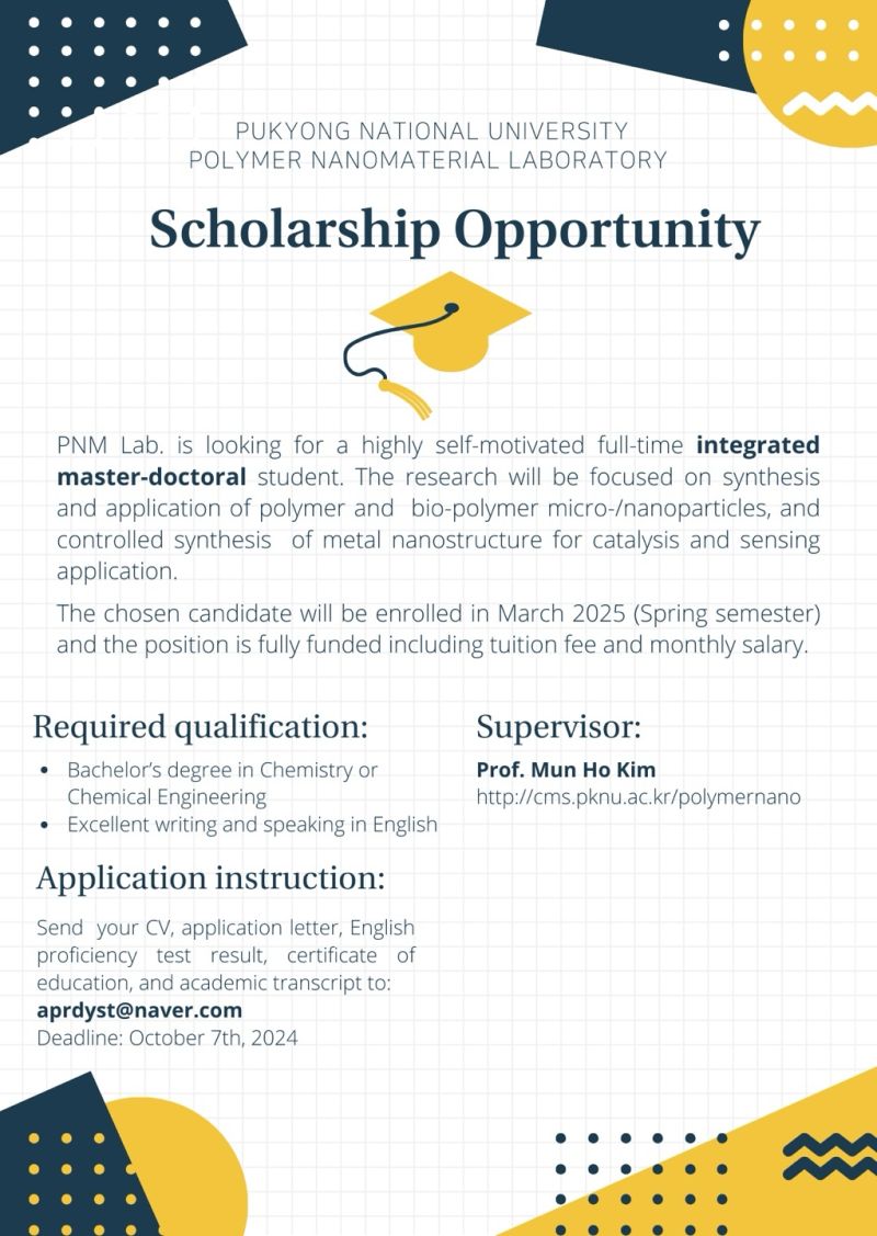 “SCHOLARSHIP”

Full-Time Integrated Master-Doctoral Student at  Pukyong National University