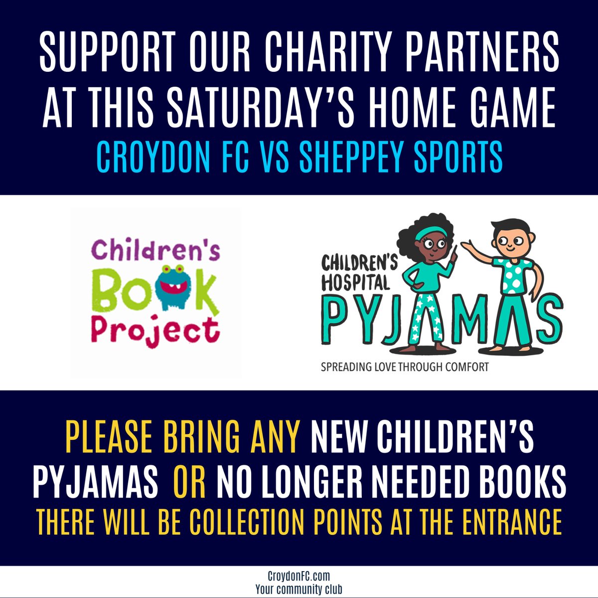 Coming to <a href="/Croydon_FC/">Croydon FC</a>'s match against <a href="/SheppeySportsFC/">Sheppey Sports FC</a> this weekend?
Support our charities this Saturday at the Arena!

<a href="/CHPyjamaCharity/">Children's Hospital Pyjamas</a> <a href="/lonbookproject/">Childrens Book Project</a>