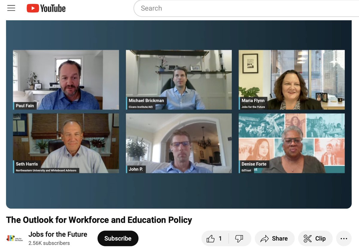 Look at this group! <a href="/jfftweets/">Jobs for the Future (JFF)</a> is hosting a virtual event w/ past Administration leaders from across the aisle to discuss the outlook of #wf &amp; #edu in the US. Join us &amp; speakers, <a href="/SethHarris46/">Seth Harris Archived</a>, John Pallasch, <a href="/Denise_EdTrust/">Denise Forte</a>, <a href="/BrickM/">Michael Brickman</a>  &amp; <a href="/MariaKFlynn/">Maria Flynn</a> now: youtube.com/watch?v=GU94Wk…
