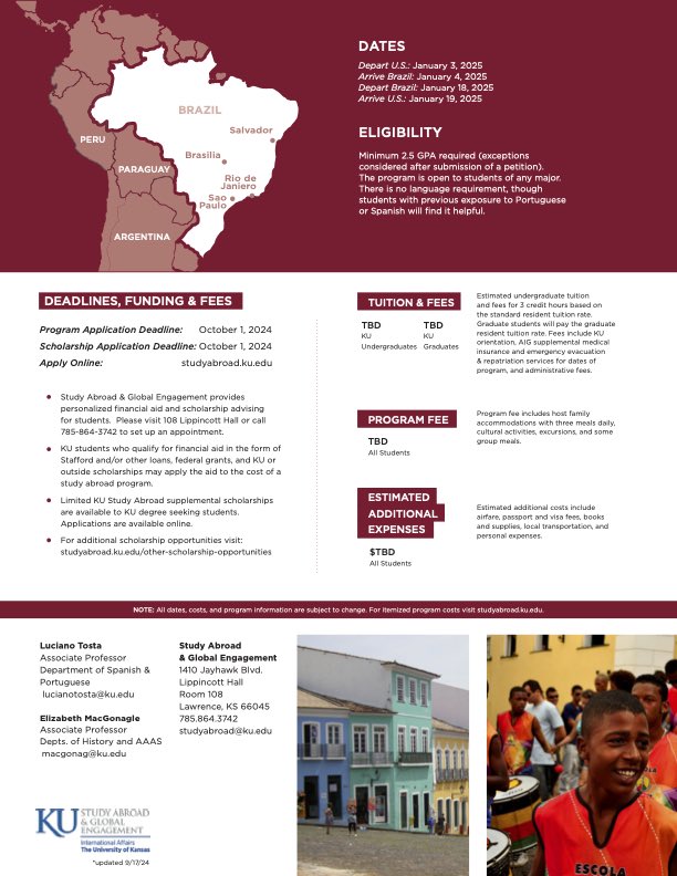 Join KU’s study abroad program to examine how Afro-Brazilian cultural elements such as religion, education, music, &amp; capoeira intersect with Salvador's contemporary health landscape. 

The deadline to apply is October 1, 2024.

For more information:  studyabroad.ku.edu/race-history-h…