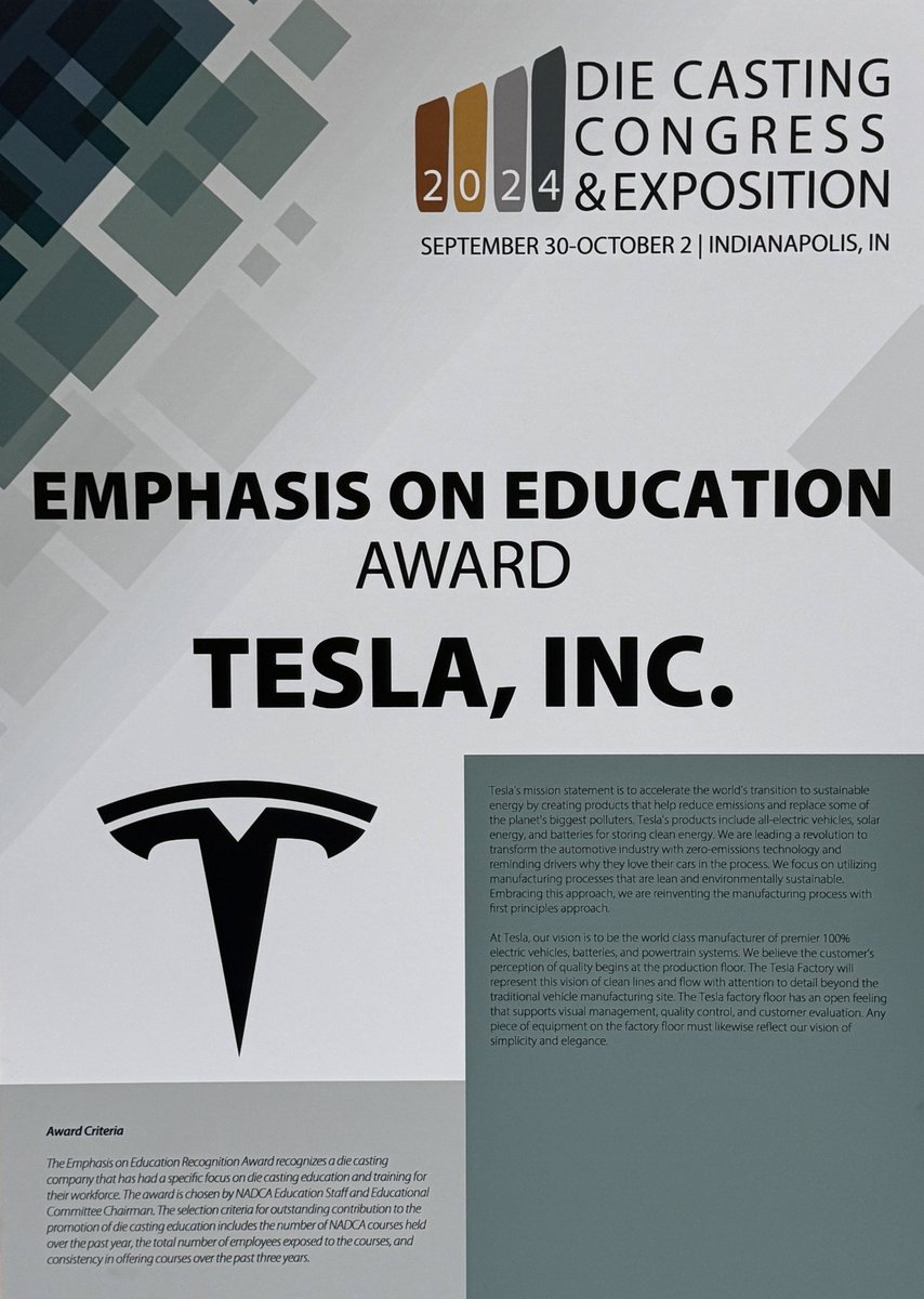 Congratulations <a href="/Tesla/">Tesla</a> team! 🙌

Tesla won the NADCA “Emphasis on Education” Award

“The Emphasis on Education Recognition Award recognizes a die casting company that has had a specific focus on die casting education and training for their workforce. The award is chosen by NADCA