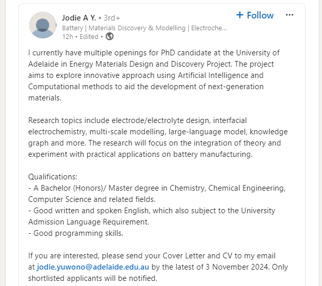 Multiple openings for PhD candidates at the University of Adelaide in Energy Materials Design and Discovery Project.