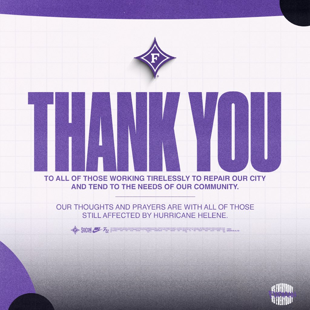 Thank you to those working day in and day out to repair our community. Our thoughts prayers go out to all affected during this time. We stand with you⚔️💜

#FUAllTheTime | #FurmanFamily