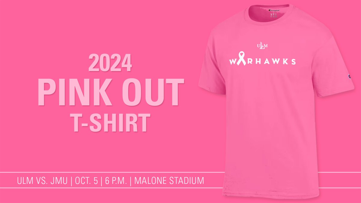 ULM_Official's tweet photo. This Saturday in Malone Stadium, the Warhawks will face off against James Madison University for a special cancer awareness game! Show your support by grabbing your βpink outβ shirt at the ULM Bookstore. And donβt forget to purchase your ticketsβletβs fill the stands and make a difference together! π Go Warhawks! π¦
Pink Out Shirt β‘οΈ https://t.co/QGDBrOn3ff π
Football Tickets β‘οΈ https://t.co/6IE7euNLI8 ποΈ
#BreastCancerAwareness #ULMWarhawks