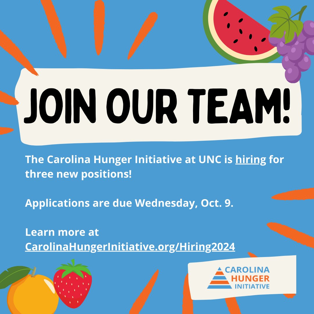 Join our team!

The Carolina Hunger Initiative at UNC is hiring.

Want to be a part of our work to increase access to healthy food across North Carolina?

Learn more at carolinahungerinitiative.org/hiring2024