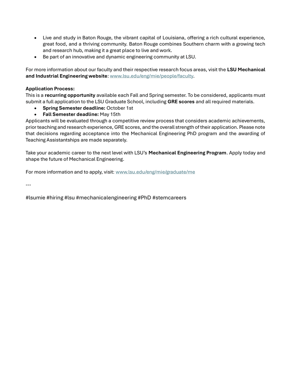Join LSU’s Mechanical Engineering PhD Program with a Fully-Funded Teaching Fellowship
Louisiana State University (LSU)