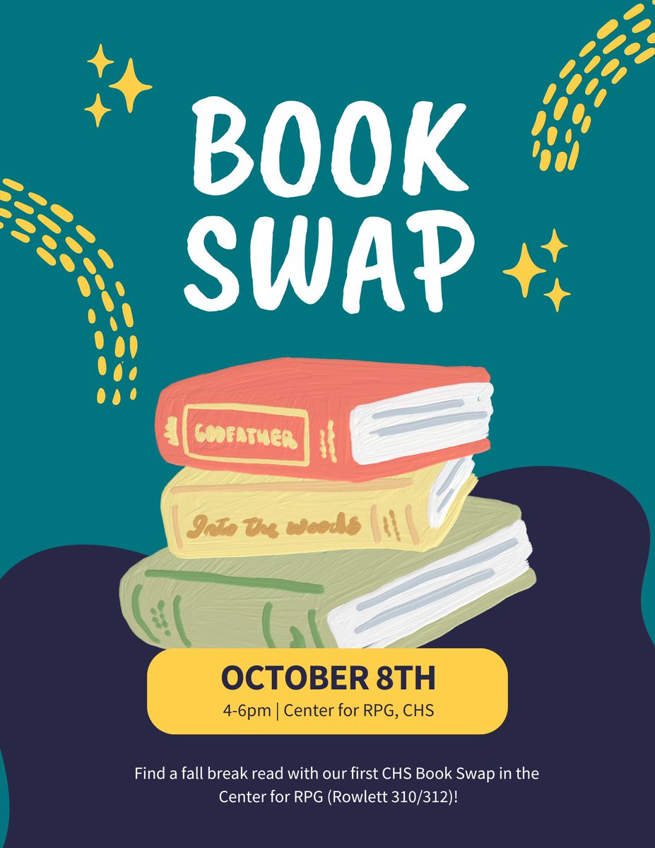 EKU_CHS's tweet image. Make plans to join us next Tuesday from 4-6pm in the Center for RPG as we swap books for everyone&apos;s fall break read(s)! 📚📖

Register on Engage! Faculty, staff, and students are welcome!
