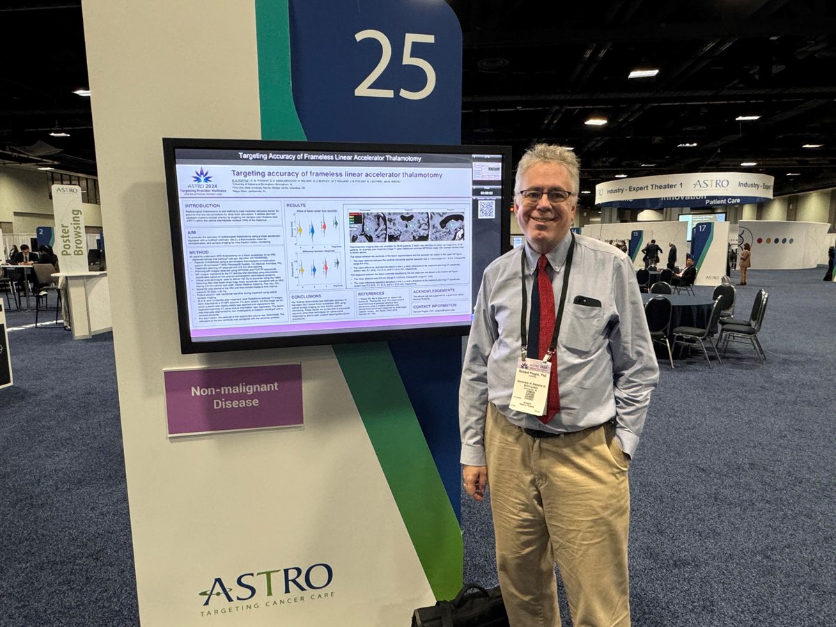UAB Medical Physics (@uabmedphys) on Twitter photo Assistant Vice Chair for Medical Physics Dr. Richard Popple presented his poster, "Targeting Accuracy of Frameless Linear Accelerator Thalamotomy" today at #ASTRO24.
<a href="/UABradonc/">UAB Radiation Oncology</a> <a href="/UABHeersink/">UAB Heersink School of Medicine</a> <a href="/ASTRO_org/">ASTRO</a> #thalamotomy Assistant Vice Chair for Medical Physics Dr. Richard Popple presented his poster, "Targeting Accuracy of Frameless Linear Accelerator Thalamotomy" today at #ASTRO24.
<a href="/UABradonc/">UAB Radiation Oncology</a> <a href="/UABHeersink/">UAB Heersink School of Medicine</a> <a href="/ASTRO_org/">ASTRO</a> #thalamotomy