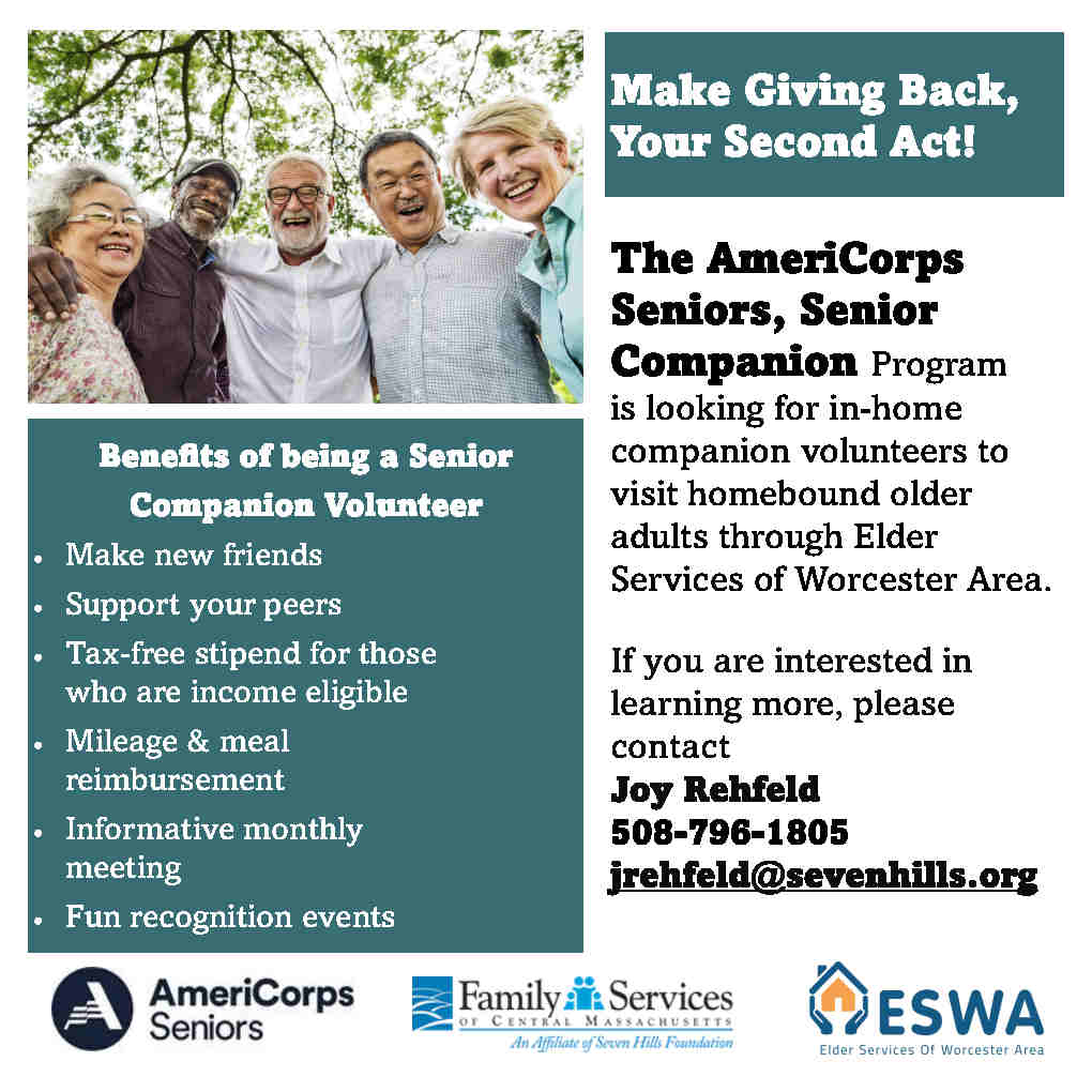 ESWAorg's tweet photo. The #WorcesterMA #SeniorCompanionProgram is looking for in-home companion volunteers to visit homebound #OlderAdults through ESWA. If you are interested in learning more, please contact Joy Rehfeld, 508-796-1805, jrehfeld@sevenhills.org https://t.co/MCna3d9tr4