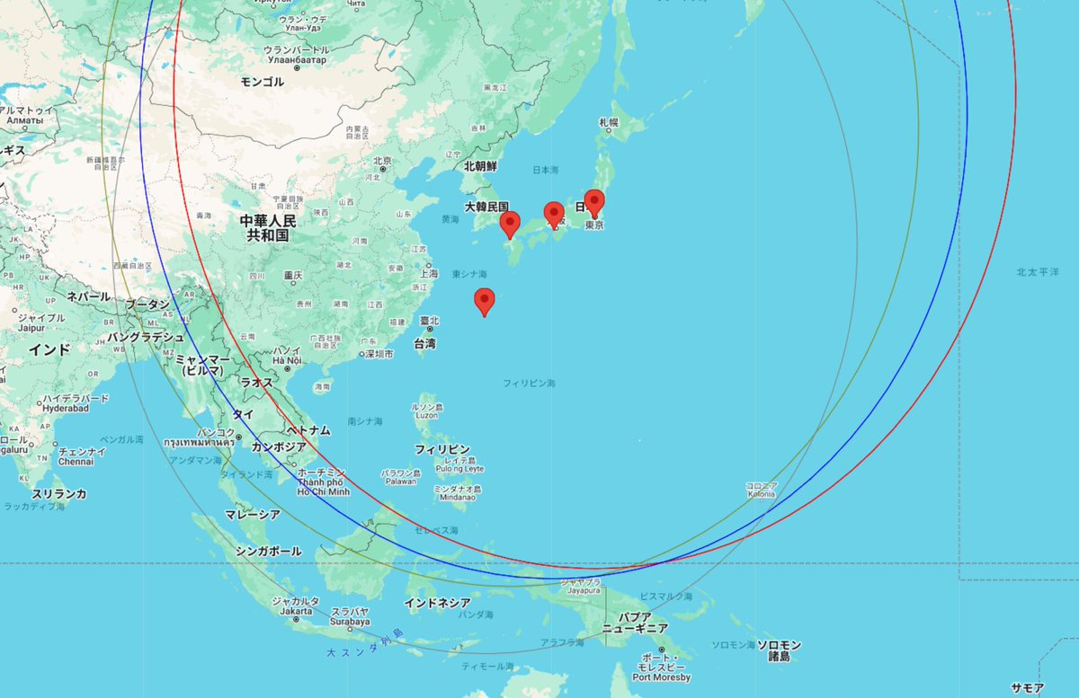 JALANAMILs's tweet photo. ユナイテッド航空マイレージプラス
で距離2500mile以内だと22,500マイルで行けます
地図に円を描きました
東南アジア行は東京不利です
ただし乗継可能でしたら
エクスカーショニストパークを使えば問題なく
22,500マイルでジャカルタやバリ島もいけます

赤　東京
青　関西
金　福岡
銀　那覇 https://t.co/WbagDj1HPP
