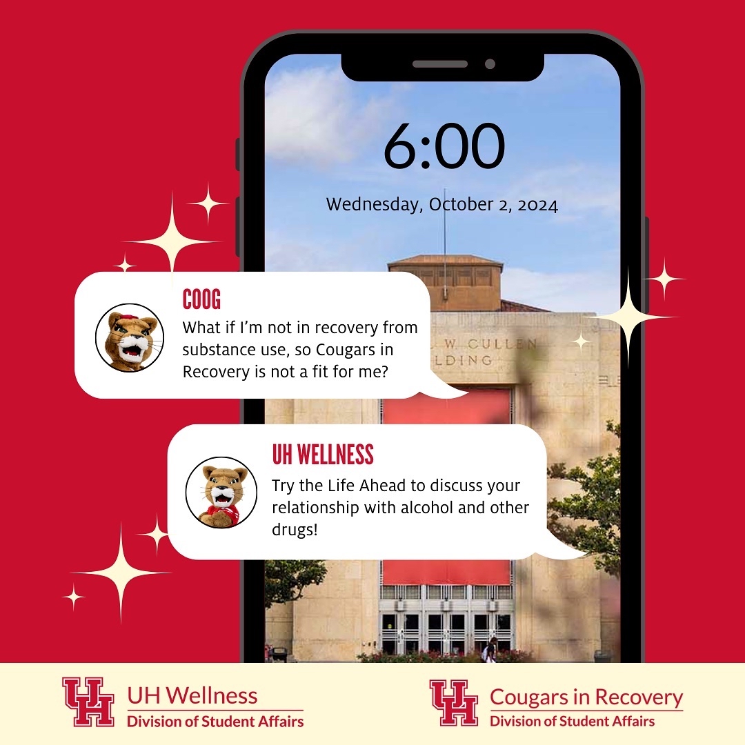 Join us and @uhcougarsinrecovery for a judgment-free conversation on living your best life ahead!

📅 Wednesday, October 2
⏰ 6 PM
📍 Zoom (rb.gy/73zxd8🔗)