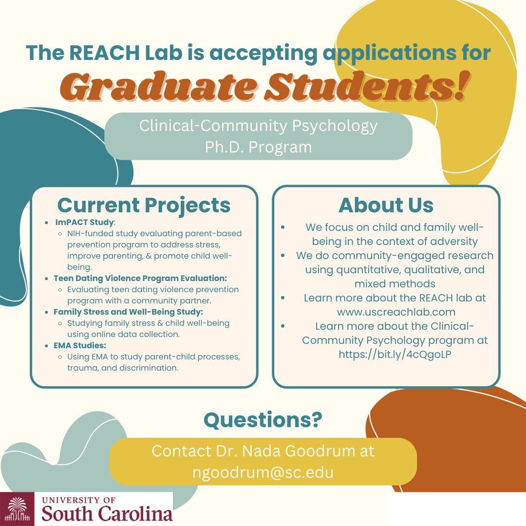 REACH Lab at USC (@reachlabusc) on Twitter photo The REACH Lab is now accepting applications for graduate students! Learn more about our lab and how to apply!
<a href="/nadagoodrum/">Nada Goodrum, PhD</a> <a href="/OpenAcademics/">OpenAcademics</a>
#PsychTwitter #AcademicTwitter #ResearchOpportunity The REACH Lab is now accepting applications for graduate students! Learn more about our lab and how to apply!
<a href="/nadagoodrum/">Nada Goodrum, PhD</a> <a href="/OpenAcademics/">OpenAcademics</a>
#PsychTwitter #AcademicTwitter #ResearchOpportunity