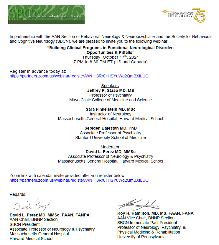 David L. Perez MD, MMSc, FAAN, FANPA (@davidlewisperez) on Twitter photo Society for Behavioral and Cognitive Neurology (<a href="/SBCNeuro/">Society for Behavioral & Cognitive Neurology</a>), in partnership with the AAN Section of #BehavioralNeurology & #Neuropsychiatry (<a href="/AANmember/">American Academy of Neurology</a>) talk:
Building Clinical Programs in #FND: Opportunities & Pitfalls
October 17th, 2024
7 PM - 8:30 PM ET
partners.zoom.us/webinar/regist… Society for Behavioral and Cognitive Neurology (<a href="/SBCNeuro/">Society for Behavioral & Cognitive Neurology</a>), in partnership with the AAN Section of #BehavioralNeurology & #Neuropsychiatry (<a href="/AANmember/">American Academy of Neurology</a>) talk:
Building Clinical Programs in #FND: Opportunities & Pitfalls
October 17th, 2024
7 PM - 8:30 PM ET
partners.zoom.us/webinar/regist…