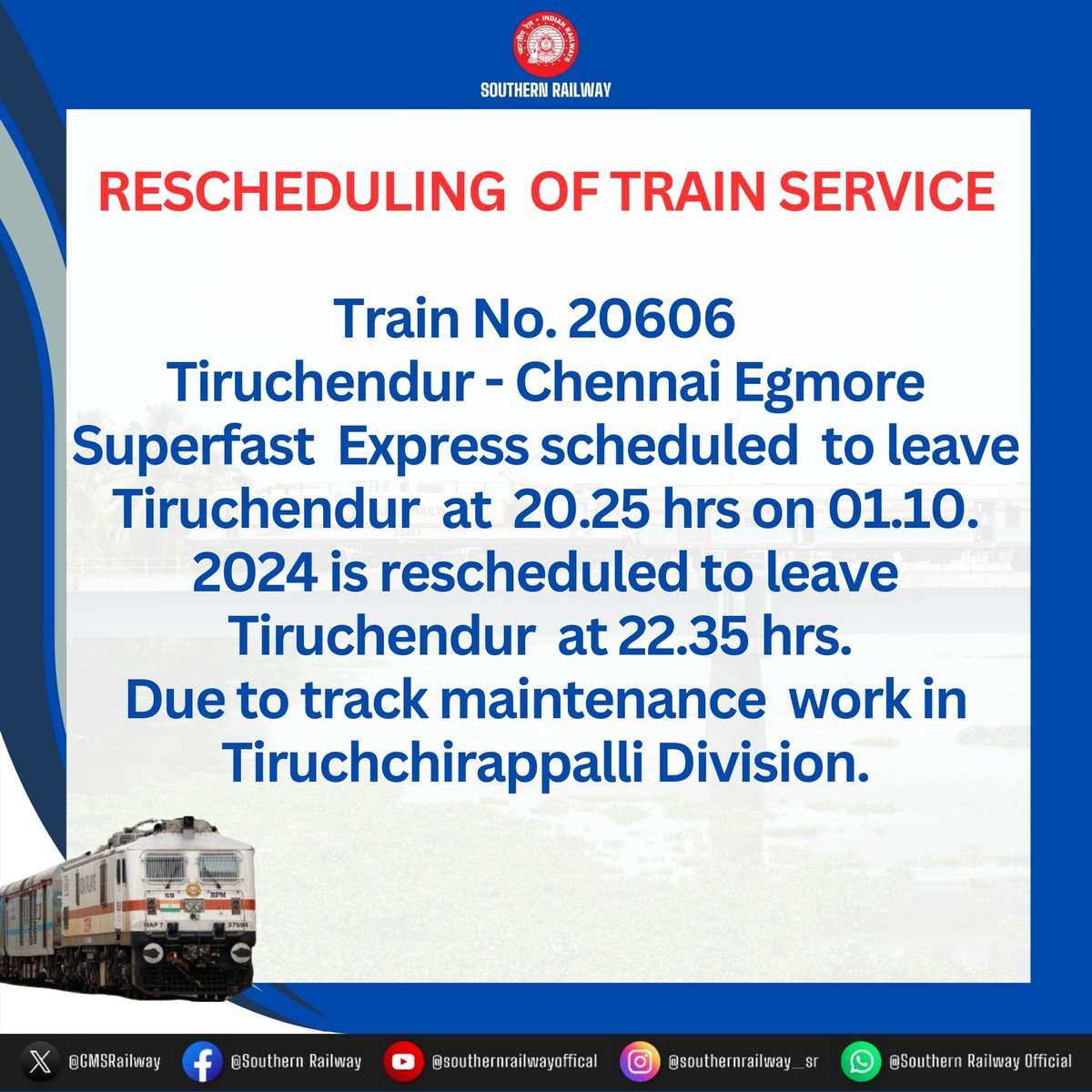 drmmadurai's tweet image. Changes in pattern in Train Service!
Details given below,
Passengers, kindly take note and plan your trip accordingly 
#SouthernRailway #Railwaysupdate #IndianRailways