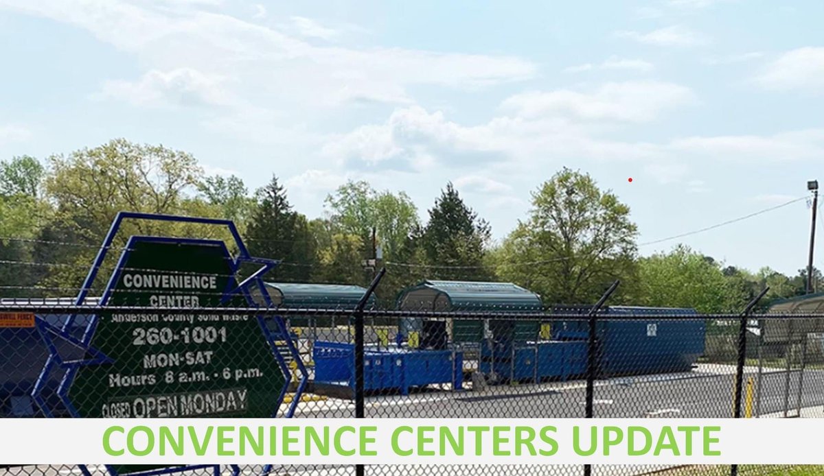 UPDATE (9/30/204, 11:32 AM): All Anderson County Convenience Centers are now open, with the exception of Craytonville, Agnew, and Whitefield. These centers will open as power is restored. We apologize for any inconvenience.