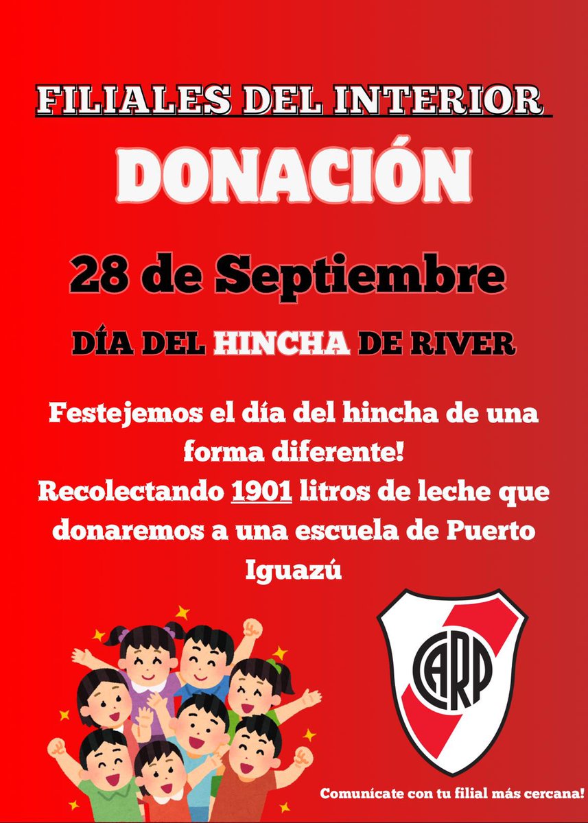 GermanBalcarce's tweet photo. #RIVER | Cerca de 50 filiales del Interior hicieron una acción solidaria en la que reunieron más de 3.000 litros de leche que serán distribuidos en dos escuelas de Santiago del Estero y Misiones. https://t.co/RvU4G2Ap3f