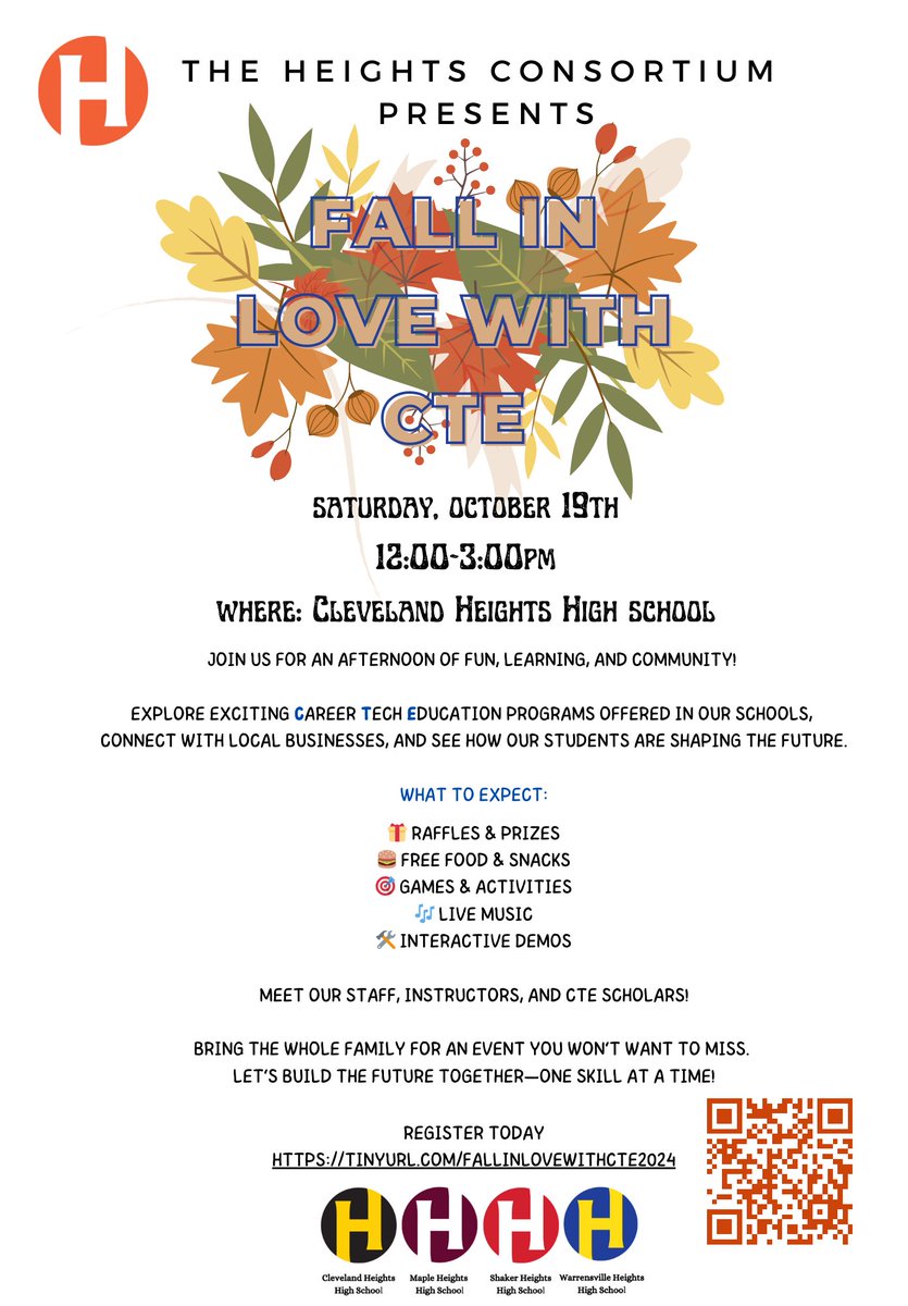 Heights Career Tech invites the community to the “Fall In Love With CTE” Fair on Saturday, October 19 from 12:00 p.m. to 3:00 p.m. at Heights High. The event is free and will showcase the opportunities and benefits of the CTE programs. 

Register now >> bit.ly/47JIs2F
