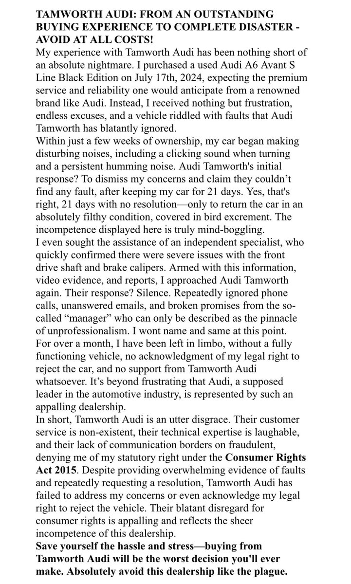 J51oyal's tweet photo. #Audi #TamworthAudi #CustomerServiceFails #ConsumerRights #AfterSalesFail #CustomerNightmare 

@stratstoneuk @AudiUK @AudiOfficial 

"Unbelievable After-Sales Nightmares: When 'Support' Turns Into a Horror Story!

See attached for details.. https://t.co/ggJJbKB8us