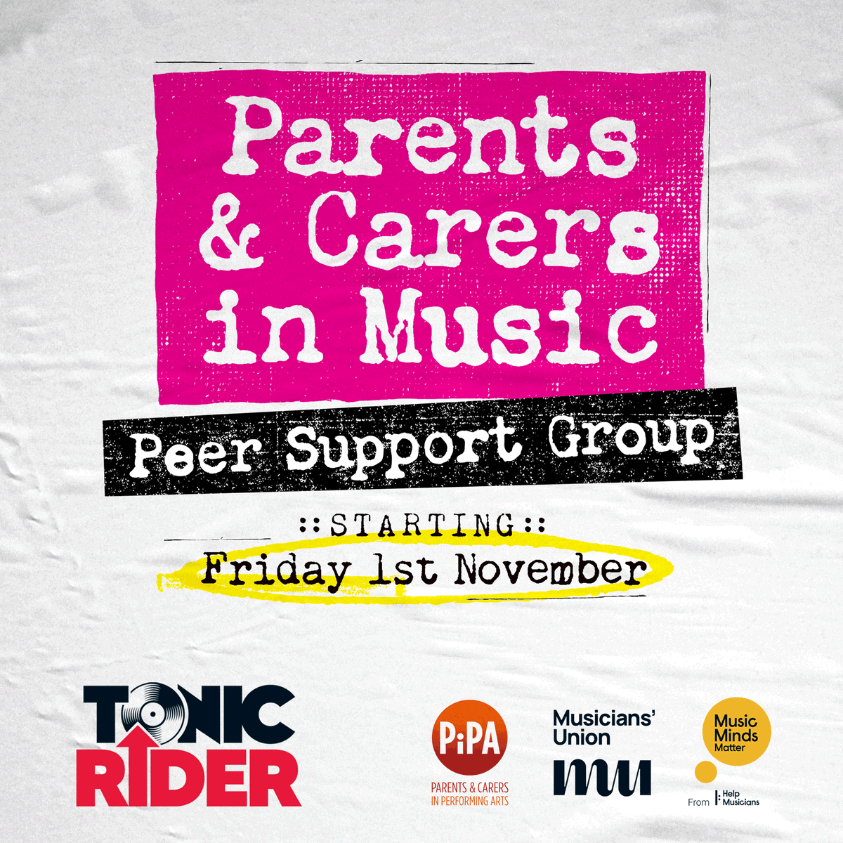 Tonic Music for Mental Health (@tonicmusicmh) on Twitter photo NEW and exclusively for MU members who are parents or carers...
FREE online Peer Support Group - supported <a href="/HelpMusicians/">Help Musicians</a>, PIPA & <a href="/WeAreTheMU/">Musicians' Union</a>
Info > tonicmusic.co.uk/post/pcpsg24
#TonicRider #MusicMindsMatter #Parenting #Caring #Music NEW and exclusively for MU members who are parents or carers...
FREE online Peer Support Group - supported <a href="/HelpMusicians/">Help Musicians</a>, PIPA & <a href="/WeAreTheMU/">Musicians' Union</a>
Info > tonicmusic.co.uk/post/pcpsg24
#TonicRider #MusicMindsMatter #Parenting #Caring #Music