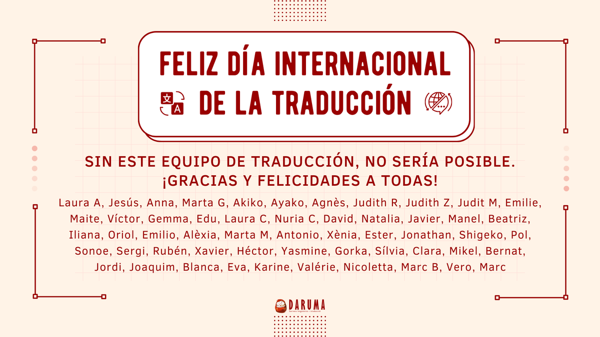 Daruma_SL's tweet photo. ¡Hoy es nuestro día! Celebramos el Día Internacional de la Traducción con un equipo del que estamos orgullosas.

Gracias al manga y a vosotras, las personas que leéis las traducciones en las que trabajamos día tras día, procurando hacerlo siempre un poquito mejor 🫶 https://t.co/M25xm3ALi2